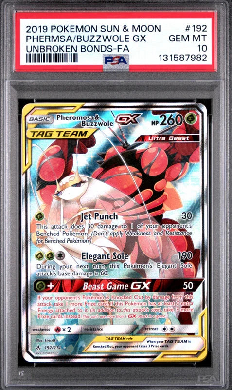 PSA 10 2019 POKEMON SUN & MOON #192 PHERMOSA/BUZZWOLE GX UNBROKEN BONDS-FA